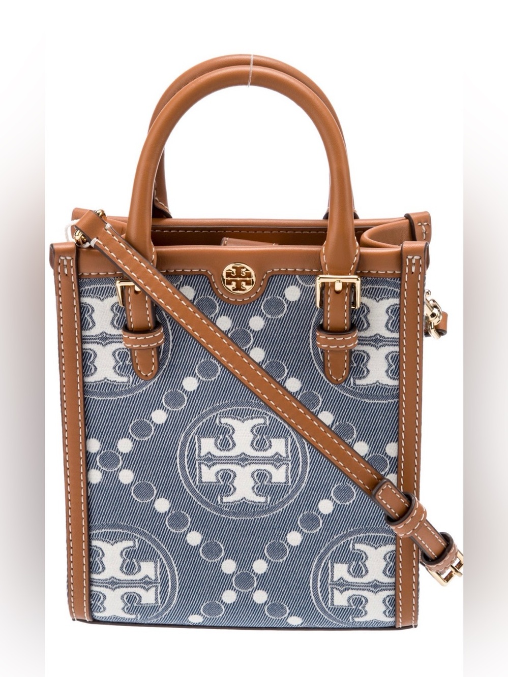 Tory Burch Denim Jacquard and Tan Leather Mini Tote